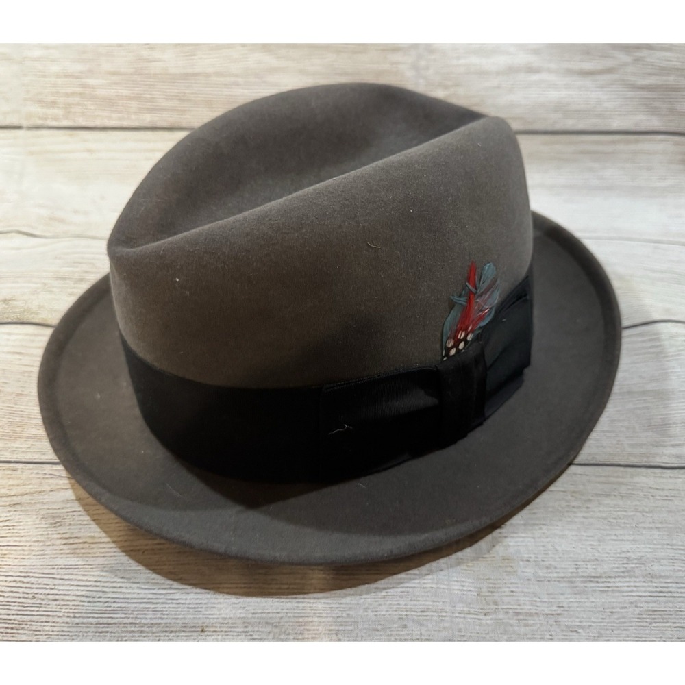 Vtg Dobbs Fifth Ave Gray Wool Fedora Black Band BASKINS Hat w/Feather 7 1/4 TubX